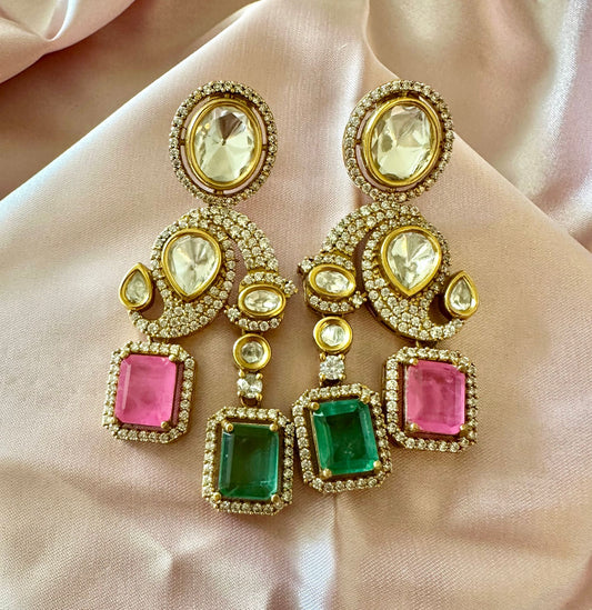 Pink green Polki earrings