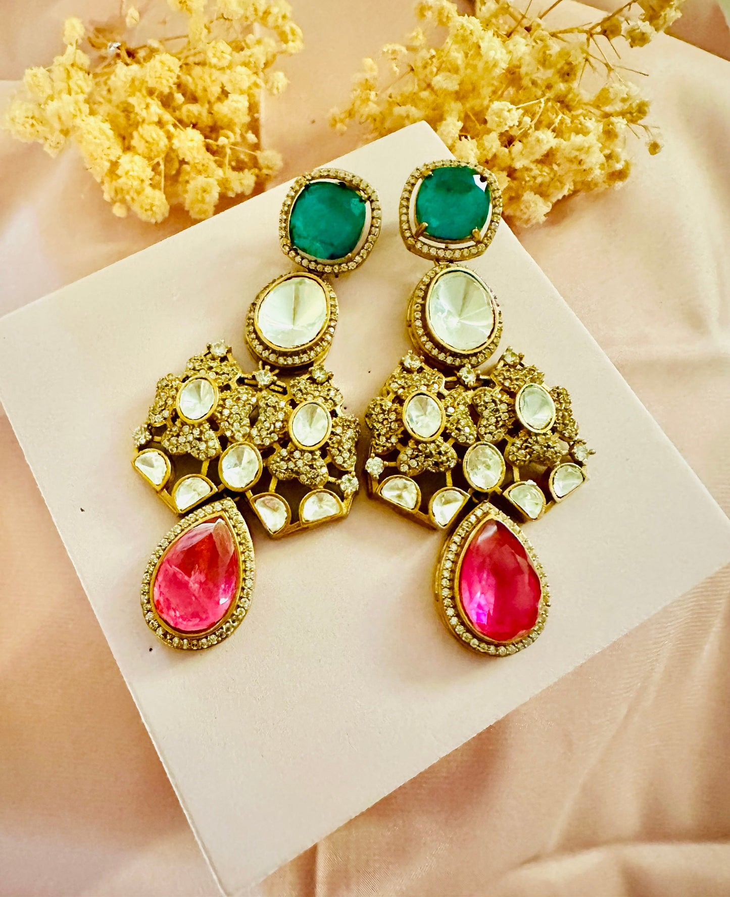 Pink/green stone earrings