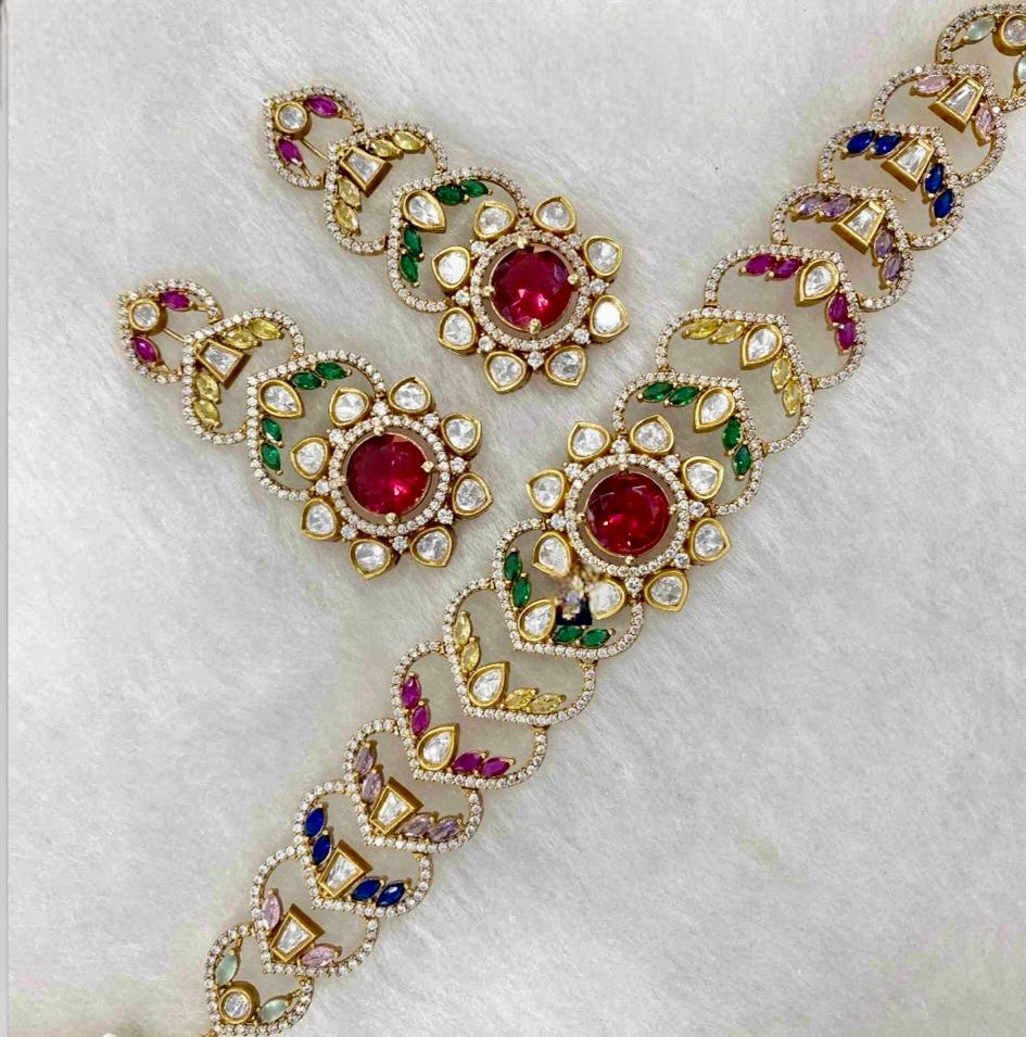 Ruby n green polki choker set