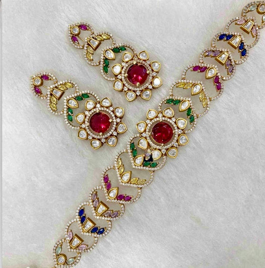 Ruby n green polki choker set