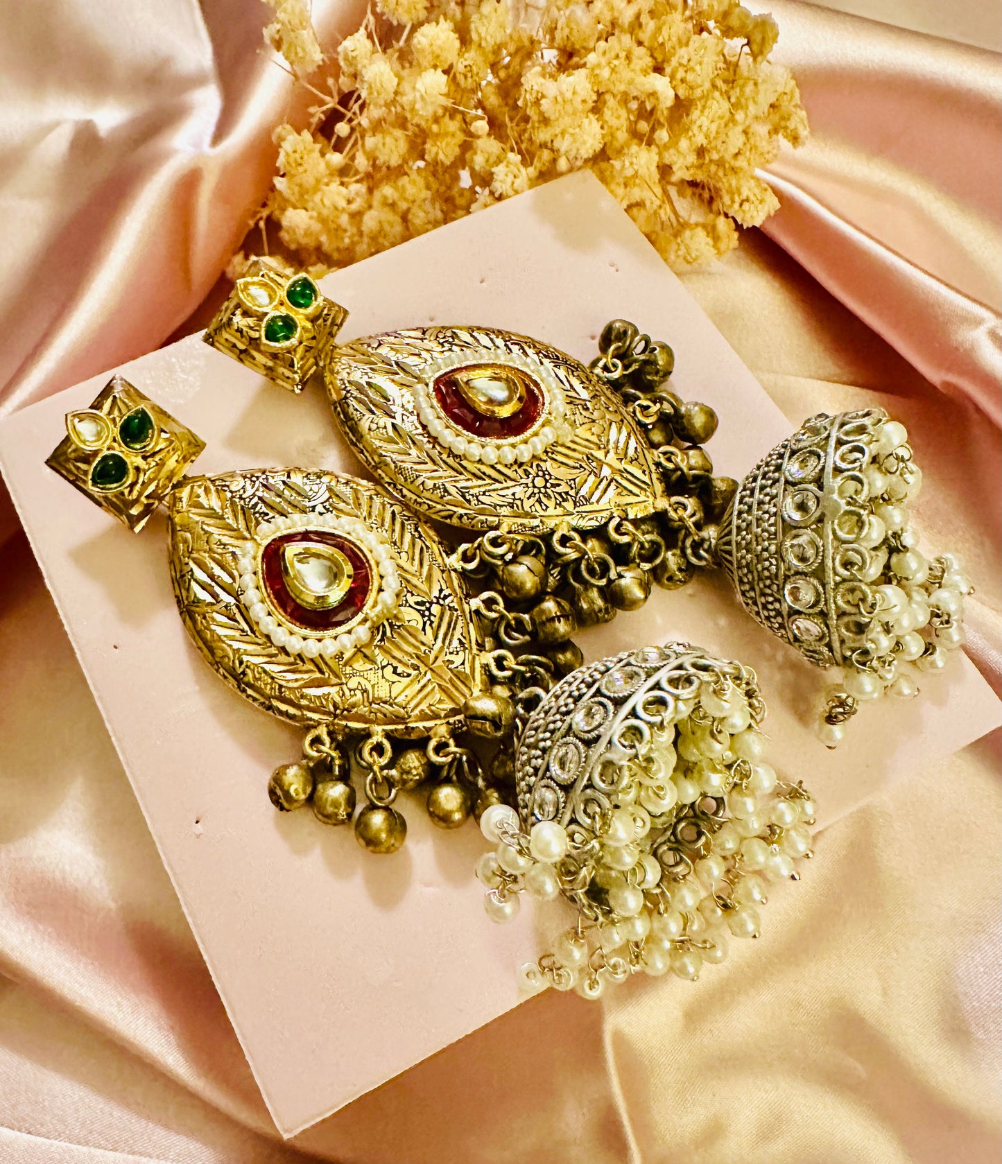 Gold/silver ruby jhumkaas