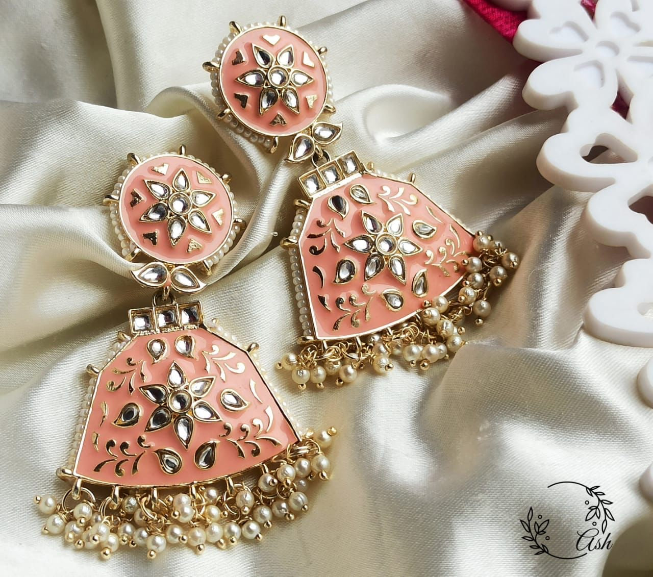 Peach kundan meenakari earrings