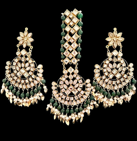 Emerald green kundan tikka n earrings