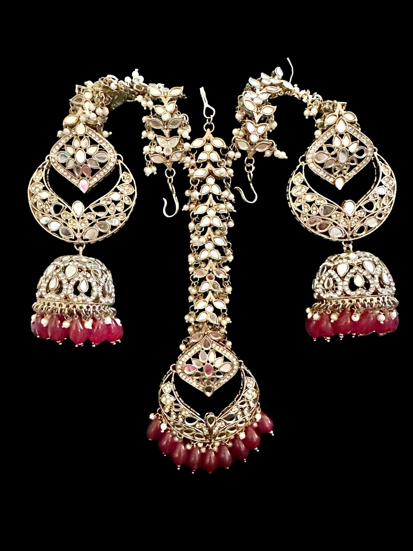 Ruby mirror work jhumkaas/tikka set